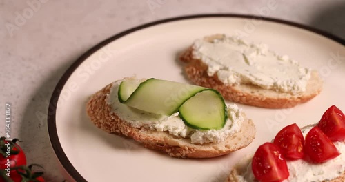 Bruschetta with cheese and vegetables. Traditional italian appetizer or snack, antipasto