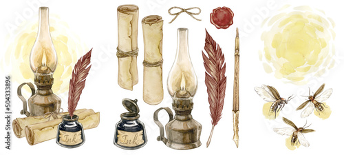 Watercolor illustrations with vintage kerosene lamp, old scrolls, wax seal, feather pen, inkwell and fireflies. isolated