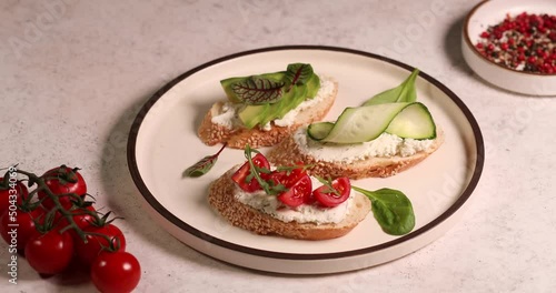 Bruschetta with cheese and vegetables. Traditional italian appetizer or snack, antipasto