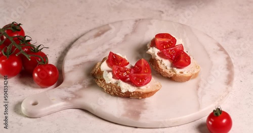 Bruschetta with cheese and vegetables. Traditional italian appetizer or snack, antipasto