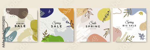 Vector design templates in simple modern style with copy space for text, flowers and leaves - wedding invitation backgrounds and frames, social media stories wallpapers