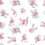 Small Ditsy Pink Flowers Bouquets Vector Seamless Pattern