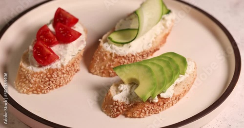 Bruschetta with cheese and vegetables. Traditional italian appetizer or snack, antipasto