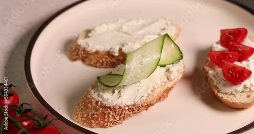 Bruschetta with cheese and vegetables. Traditional italian appetizer or snack, antipasto