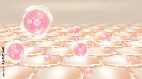 Hyaluronic acid hair and skin solutions ad, pink collagen serum drop over skin cells with cosmetic advertising background ready to use, illustration vector.