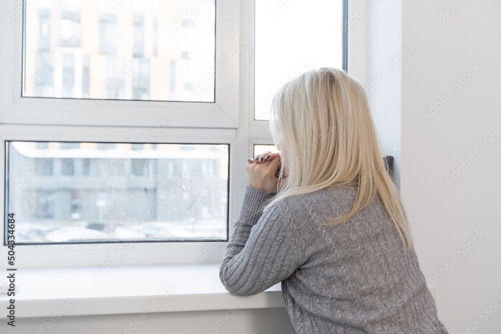 Pray, thinking and closed her eyes at bed room. Person front view, female praying, hope for peace, horizontal banner. Pray, thinking and closed her eyes at bed room. Person front view, female praying, hope for peace, horizontal banner.