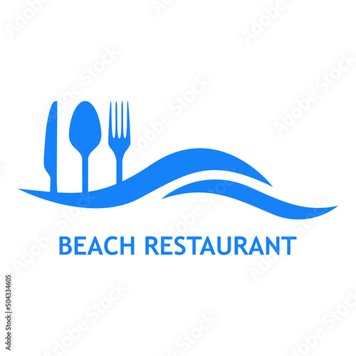 Logo con texto Beach Restaurant con silueta de cubiertos en olas en color azul