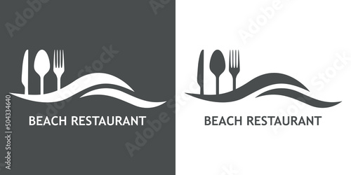 Logo con texto Beach Restaurant con silueta de cubiertos en olas en fondo gris y fondo blanco