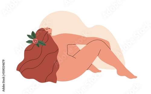 Woman masturbating, stimulating herself. Young naked female arousing during solo sex, masturbation. Sexual pleasure and orgasm concept. Flat graphic vector illustration isolated on white background photo