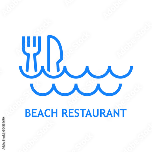 Logo con texto Beach Restaurant con silueta de cubiertos en olas con líneas en color azul