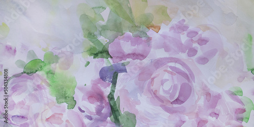 Blooming roses. Delicate panorama background. Summer beautiful flowers. Watercolor pastel colors texture with smudges. Romantic concept.