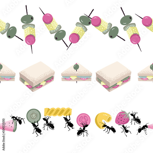 Ants Taking Picnic Food Vector Seamless Horizontal Borders Set