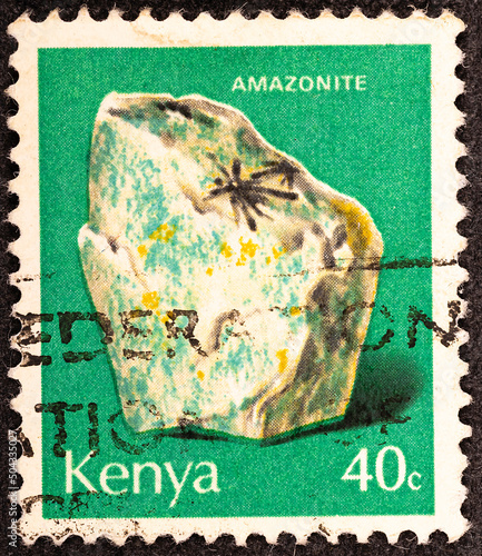 Kenya CIRCA 1977: A stamp printed in Kenya shows Amazonite, mineral found in Kenya, circa 1977 photo