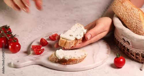 Bruschetta with cheese and vegetables. Traditional italian appetizer or snack, antipasto