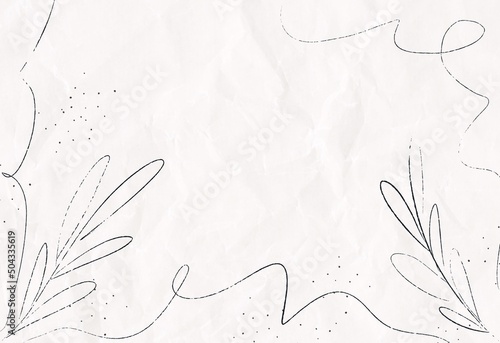 White or grey paper background with black ink lines and botanical elements. Hand drawn texture. Abstract art. Empty space for text. 