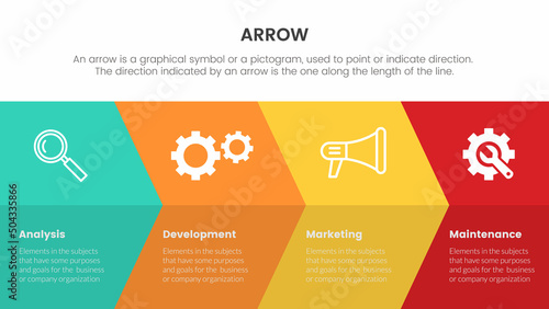 arrow infographic with horizontal direction concept for slide presentation with 4 point list and arrow shape direction