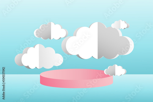 3d social media post template banner, cloud papper cut style with podium design