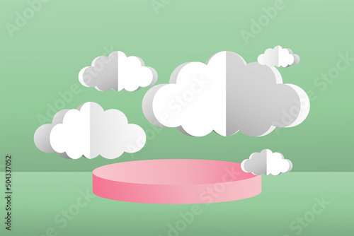 3d social media post template banner, cloud papper cut style with podium design