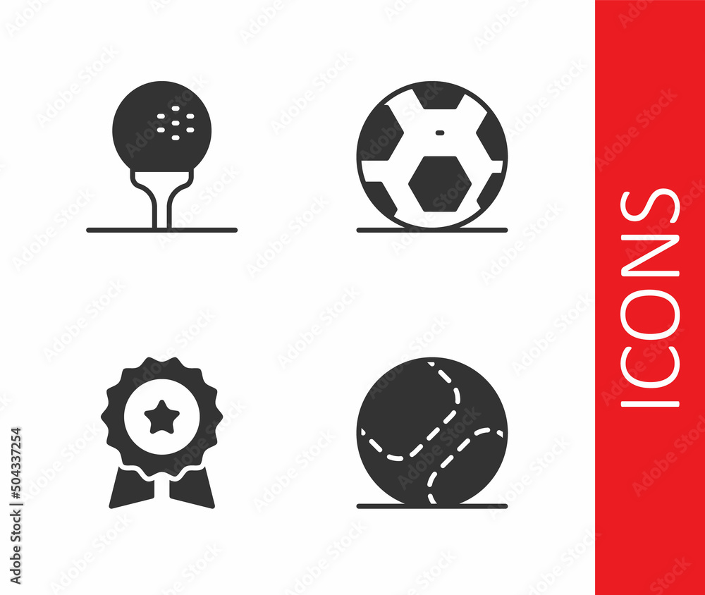 Set Baseball ball, Golf on tee, Medal with star and Soccer football icon. Vector Set Baseball ball, Golf on tee, Medal with star and Soccer football icon. Vector