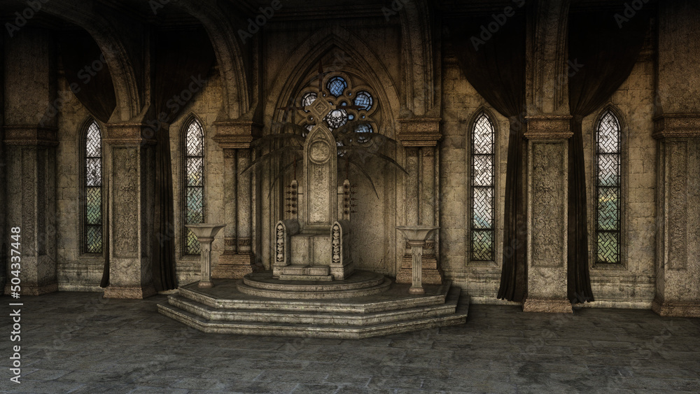 Fantasy medieval throne room with gothic arches and windows. 3D illustration.