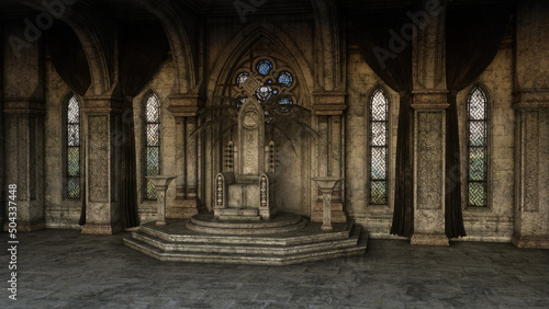 Fantasy medieval throne room with gothic arches and windows. 3D illustration.