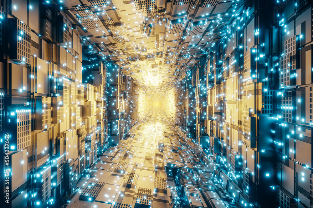 3d rendering of flying into sci-fi corridor covered by little glow squares 3d rendering of flying into sci-fi corridor covered by little glow squares