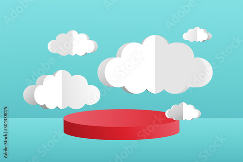 3d social media post template banner, cloud papper cut style with podium design