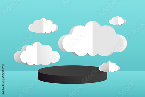 3d social media post template banner, cloud papper cut style with podium design