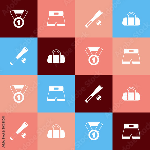 Set pop art Medal, Boxing short, Baseball bat with ball and Sport bag icon. Vector