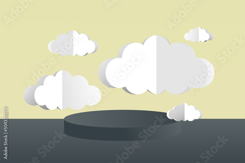 3d social media post template banner, cloud papper cut style with podium design