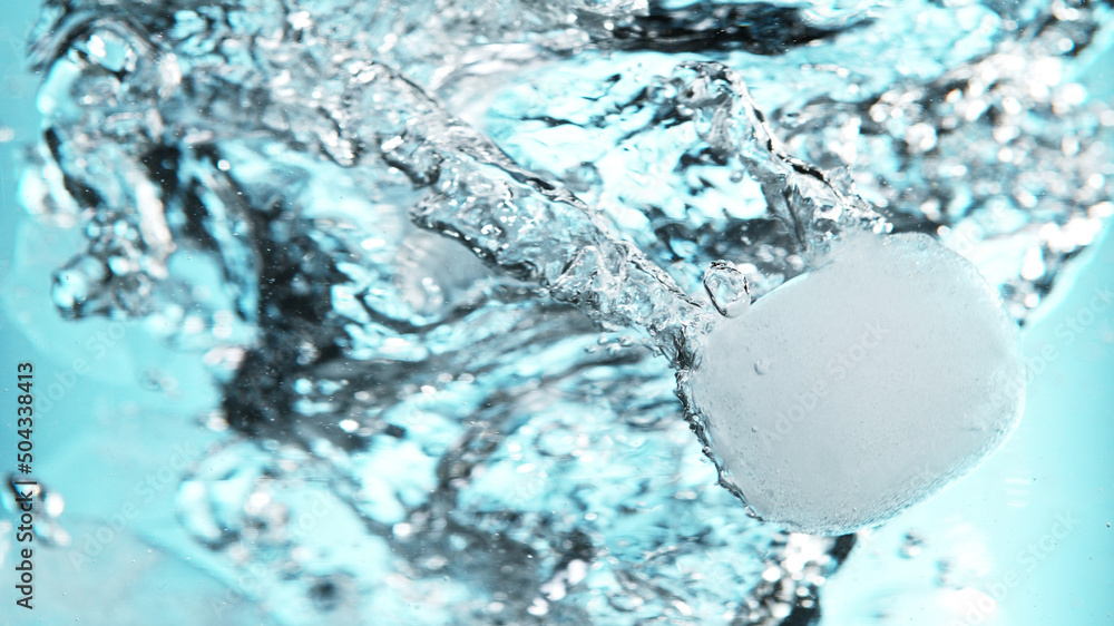 Close up of ice cubes underwater, blue background. - obrazy, fototapety, plakaty 