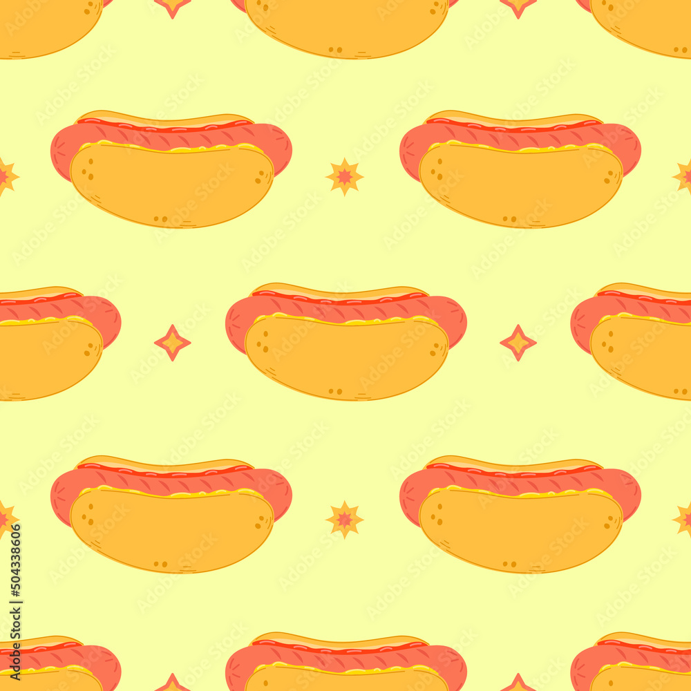 Cute funny hotdog pattern character. Vector hand drawn cartoon kawaii character illustration icon. Isolated on white background. Hot dog character concept Cute funny hotdog pattern character. Vector hand drawn cartoon kawaii character illustration icon. Isolated on white background. Hot dog character concept