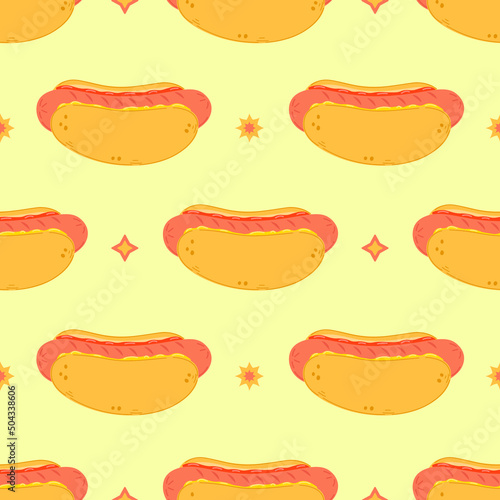 Cute funny hotdog pattern character. Vector hand drawn cartoon kawaii character illustration icon. Isolated on white background. Hot dog character concept
