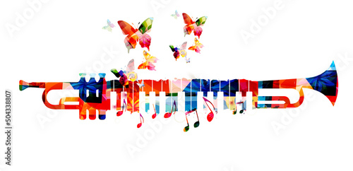 Colorful musical poster with trumpet and piano keyboard isolated vector illustration. Live concert events, music festivals and shows creative background, party flyer with musical notes 	