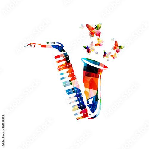  Colorful musical poster with saxophone and piano keyboard isolated vector illustration. Live concert events, music festivals and shows creative background, party flyer with butterflies	