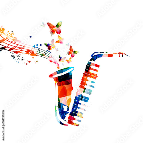  Colorful musical poster with saxophone and piano keyboard isolated vector illustration. Live concert events, music festivals and shows creative background, party flyer with musical notes 	