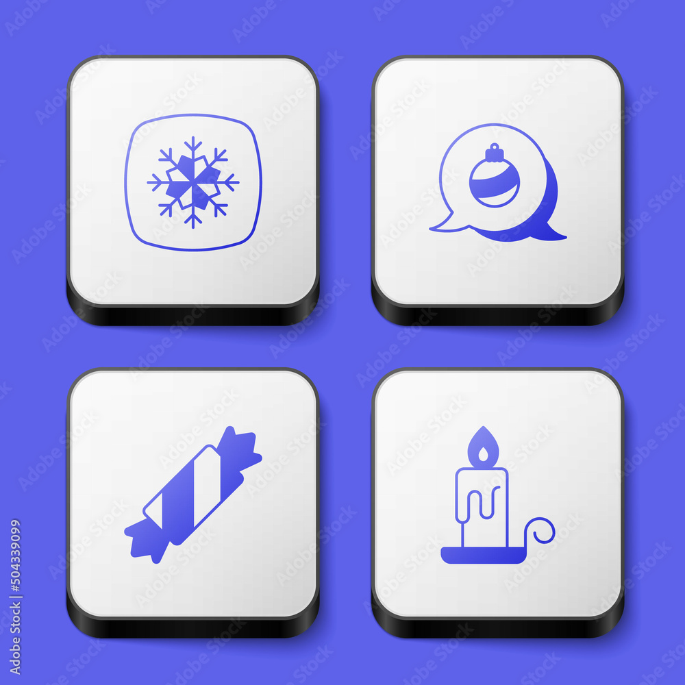 Set Snowflake, Christmas ball, Candy and Burning candle icon. White square button. Vector Set Snowflake, Christmas ball, Candy and Burning candle icon. White square button. Vector