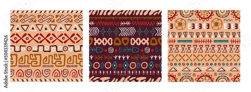 Seamless ethnic patterns with African tribal elements print. Abstract backgrounds with ancient ornament. Repeating traditional folk geometric textures. Colored hand-drawn graphic vector illustration