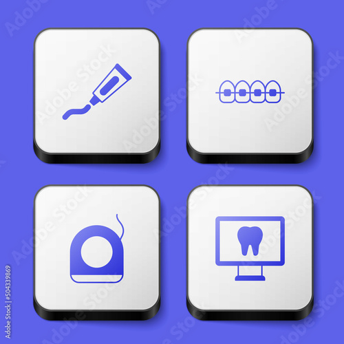 Set Tube of toothpaste, Teeth with braces, Dental floss and Online dental care icon. White square button. Vector