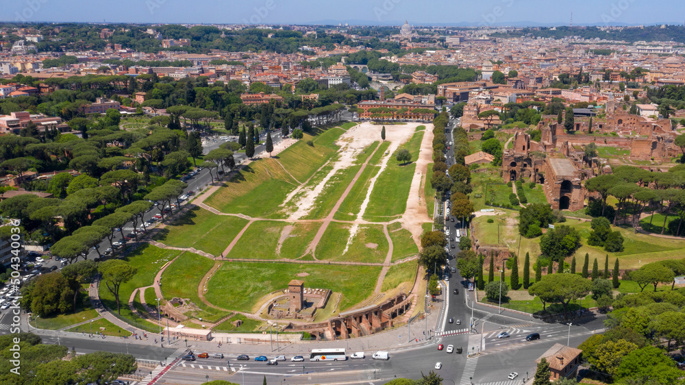 Fototapeta premium Aerial view of Circus Maximus, an ancient Roman chariot-racing stadium and mass entertainment venue in Rome, Italy. Now it's a public park but it was the first and largest stadium in ancient Rome.