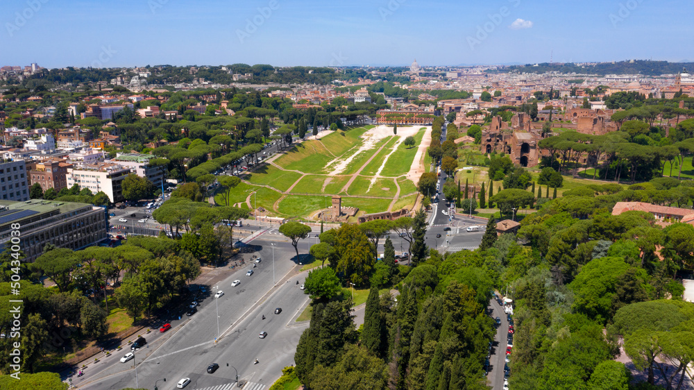 Aerial view of Circus Maximus, an ancient Roman chariot-racing stadium and mass entertainment venue in Rome, Italy. Now it's a public park but it was the first and largest stadium in ancient Rome.