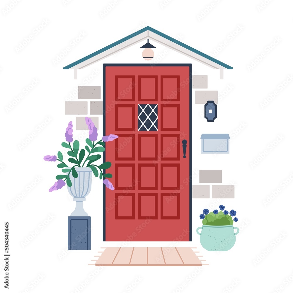 Front view of door outside of house. Closed locked home entrance exterior,  facade with potted flower plants, lamp, mail box, rug. Doorway, entry. Flat  vector illustration isolated on white background Stock Vector |