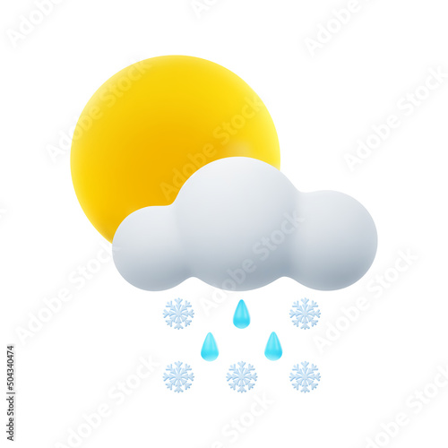 3D Cartoon Weather Icon of Cloudy with Sleet. Sign of Cloud,Sun and Rain with Snow Isolated on White Background. Vector Illustration of 3d Render.