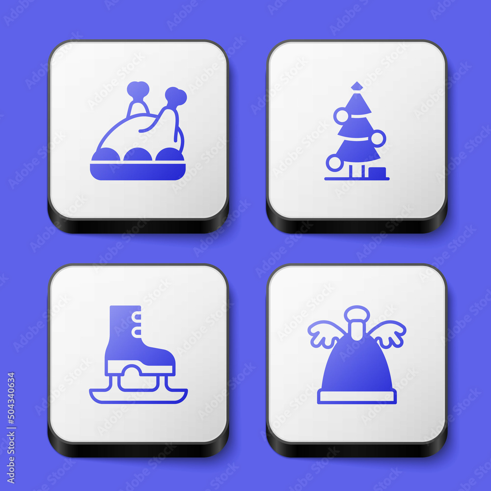 Set Roasted turkey or chicken, Christmas tree, Skates and Angel icon. White square button. Vector Set Roasted turkey or chicken, Christmas tree, Skates and Angel icon. White square button. Vector