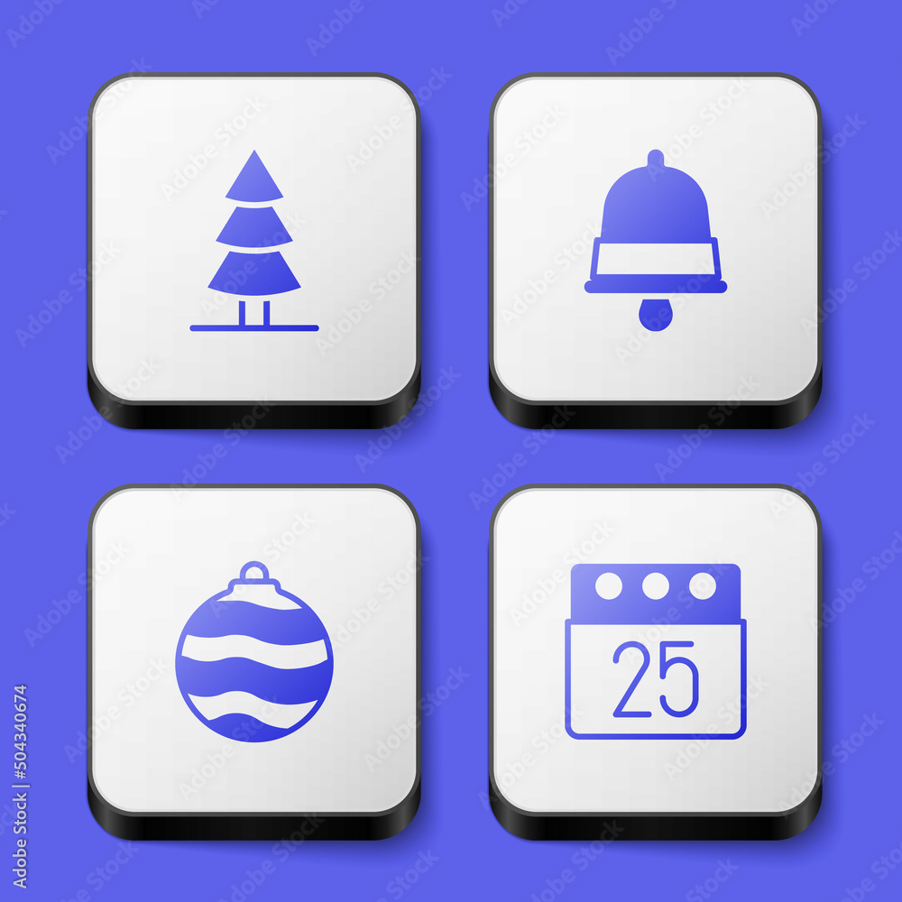 Set Christmas tree, ringing bell, ball and day calendar icon. White square button. Vector Set Christmas tree, ringing bell, ball and day calendar icon. White square button. Vector