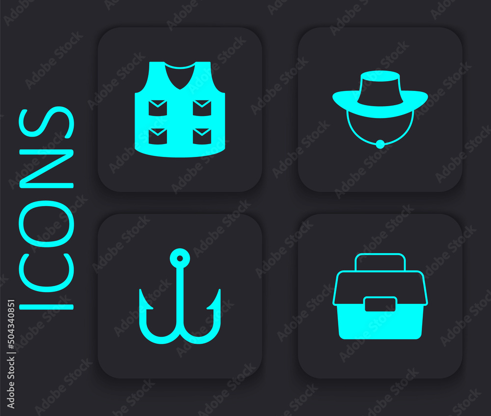 Set Case or box for fishing, Fishing jacket, Fisherman hat and hook icon. Black square button. Vector Set Case or box for fishing, Fishing jacket, Fisherman hat and hook icon. Black square button. Vector
