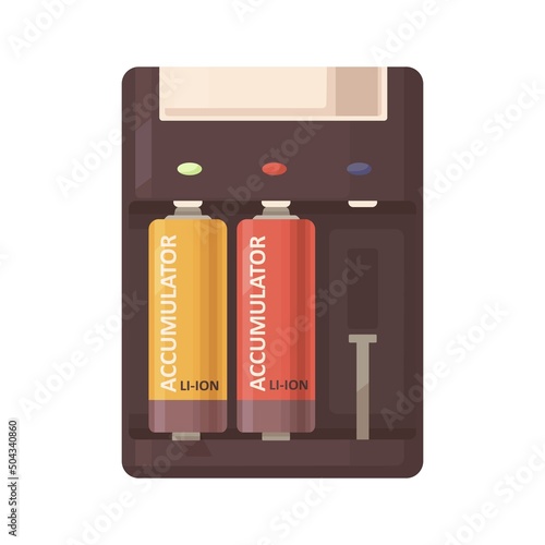 Li-ion cylinder accumulators charged in charger holder, case with slots for rechargeable batteries. Recharger compartment for lithium baterry. Flat vector illustration isolated on white background