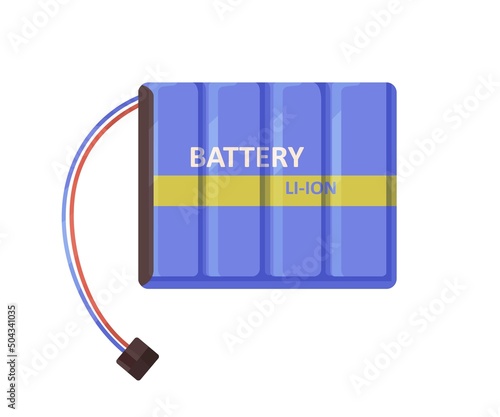 Li-ion battery pack with wires, terminal clamp, connector. Rechargable baterry with cable for electric gadgets, electronics. Flat vector illustration isolated on white background
