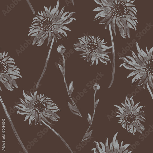 Restrained brown floral seamless pattern with isolated grey flowers. Hand drawn seamless pattern for created floral design  wallpaper  textile  fabric  package.