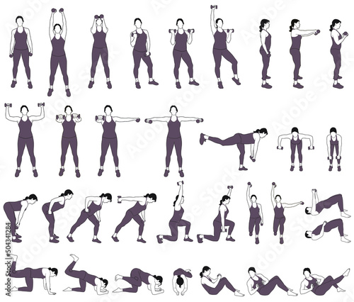 Big set of vector silhouettes of woman  working out with dumbbells. Illustrations of sportive girl  in costume doing fitness exercises with weights for muscles of arms and legs. Fintess Icons.